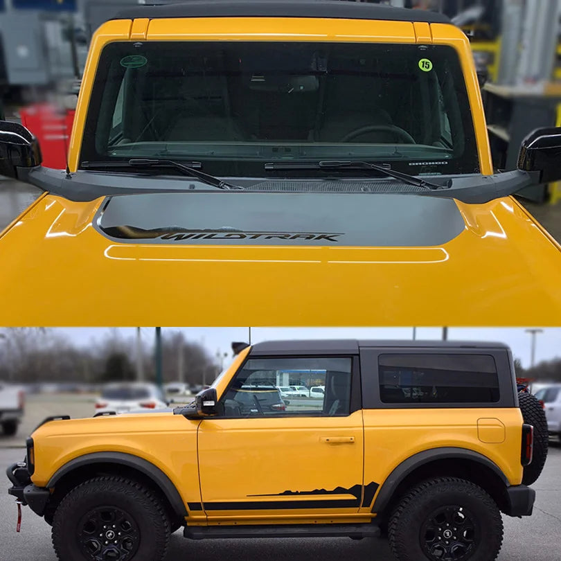Matte Black Wildtrak Hood & Mountain Waistline Stripe Decal for Ford Bronco (2021–2023) | Off-Road Vinyl - 200000182:10#hood with waistline-200000182:29#hood only-200000182:691#waistline only-  DRIVEN - 1