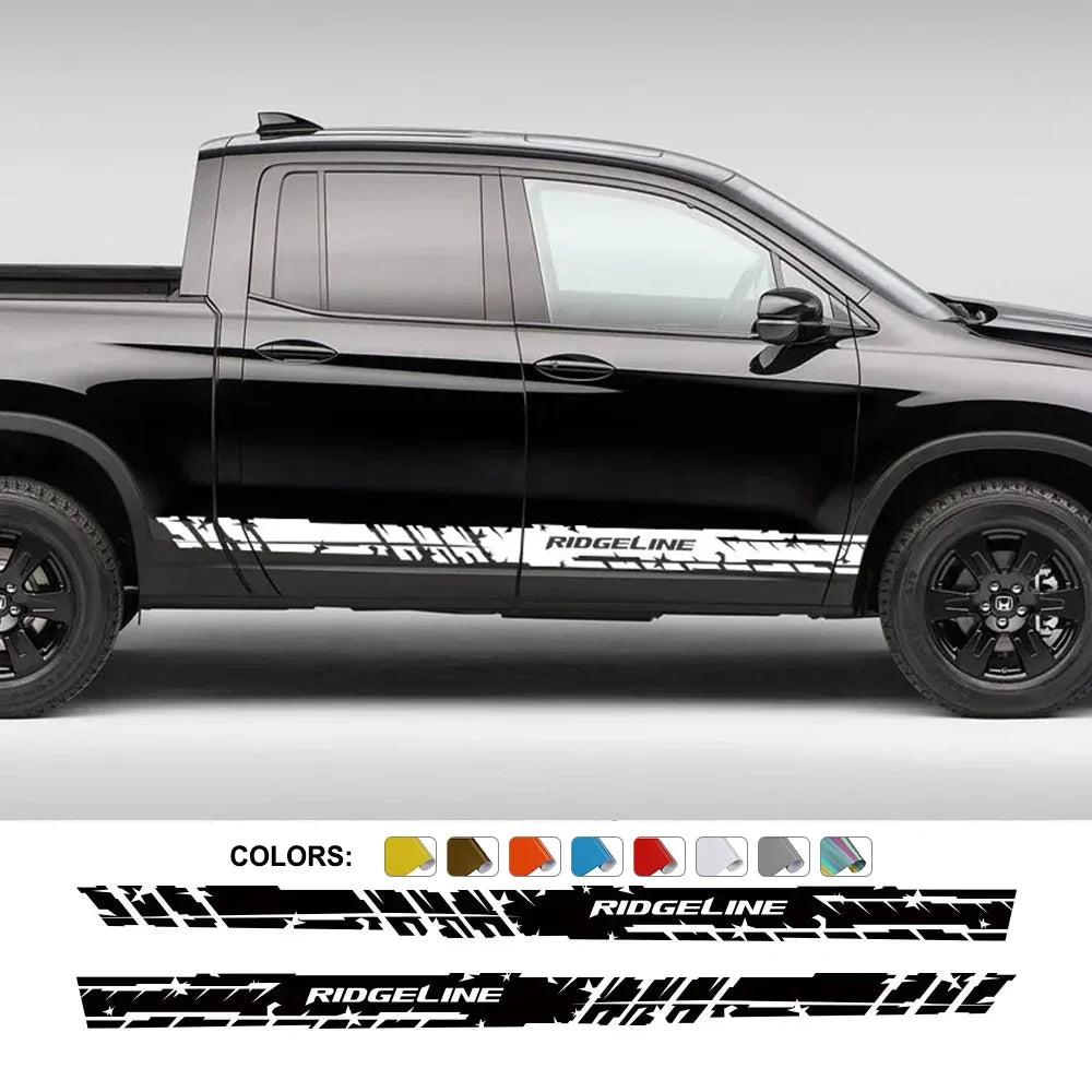 Door Side Skirt Stripe Decal for Honda Ridgeline | 2-Piece Vinyl Pickup Truck Graphic - 200000182:496#Matt Silver-200000182:173#Matt Gold-200000182:175#Glossy Blue-200000182:366#Glossy Yellow-200000182:350852#Glossy Orange-  DRIVEN - 1