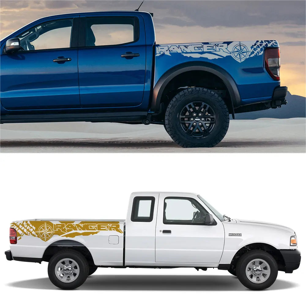 Tire Print & Compass Adventure Tail Decal for Ford Ranger Raptor Pickup | Off-Road Vinyl Graphics - 200000182:350850#Matt Gold-200000182:350686#Colorful Laser-200000182:350853#Matt Silver-200000182:350852#Glossy Orange-200000182:29#Glossy White-  DRIVEN - 3