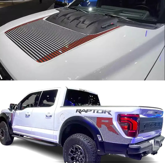 Sport R Bedside & Hood Stripe Decal Kit for Ford F-150 Raptor (2024) | Matte Black + Red Precut Vinyl - <none>-  DRIVEN - 1
