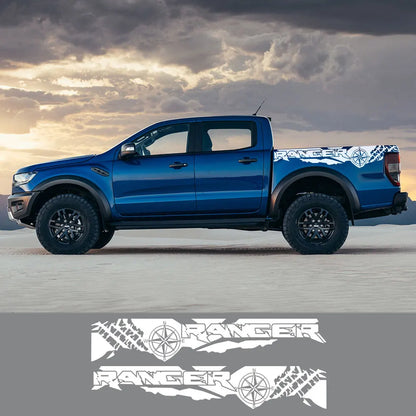 Tire Print & Compass Adventure Tail Decal for Ford Ranger Raptor Pickup | Off-Road Vinyl Graphics - 200000182:350850#Matt Gold-200000182:350686#Colorful Laser-200000182:350853#Matt Silver-200000182:350852#Glossy Orange-200000182:29#Glossy White-  DRIVEN - 1