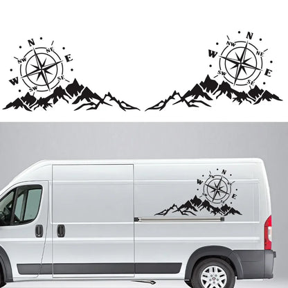 Mountain Adventurers Compass Graphic Decal | 2-Piece Vinyl Sticker for RV, Camper, Truck & Car - 200000182:350853;5:361386#40CM-200000182:350853;5:100014064#30CM-200000182:29#white;5:361386#40CM-200000182:29#white;5:361385#L 80X43CM-200000182:29#white;5:100014064#30CM-  DRIVEN - 1
