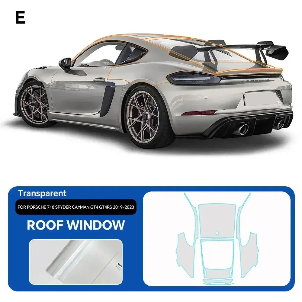 Precut PPF for Porsche 718 Spyder / Cayman GT4 / GT4 RS (2019–2023) | TPU Paint Protection Film - 200000182:350853#Rear Roof;5:200000990#Clear Film-200000182:350686#Front;5:200000990#Clear Film-200000182:350850#Hood;5:200000990#Clear Film-200000182:10#Roof Window;5:200000990#Clear Film-200000182:350852#Door;5:200000990#Clear Film-  DRIVEN - 8