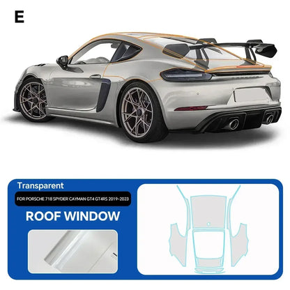 Precut PPF for Porsche 718 Spyder / Cayman GT4 / GT4 RS (2019–2023) | TPU Paint Protection Film - 200000182:350853#Rear Roof;5:200000990#Clear Film-200000182:350686#Front;5:200000990#Clear Film-200000182:350850#Hood;5:200000990#Clear Film-200000182:10#Roof Window;5:200000990#Clear Film-200000182:350852#Door;5:200000990#Clear Film-  DRIVEN - 8