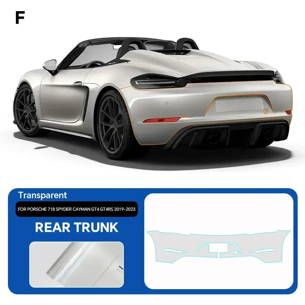 Precut PPF for Porsche 718 Spyder / Cayman GT4 / GT4 RS (2019–2023) | TPU Paint Protection Film - 200000182:350853#Rear Roof;5:200000990#Clear Film-200000182:350686#Front;5:200000990#Clear Film-200000182:350850#Hood;5:200000990#Clear Film-200000182:10#Roof Window;5:200000990#Clear Film-200000182:350852#Door;5:200000990#Clear Film-  DRIVEN - 10