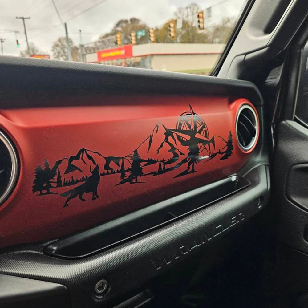 Jeep Wrangler JL & Gladiator JT Dashboard Decal – Wolf, Mountain & Compass Scene Vinyl Sticker (2018+) - 200000182:173-200000182:175-200000182:350850-200000182:1052-200000182:691-  DRIVEN - 5