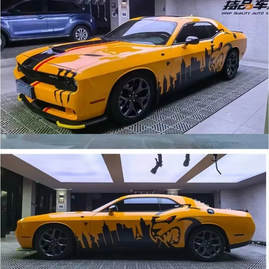 Dodge Challenger SRT Custom Body Side Vinyl Decal Kit – Full Door & Waist Line Sport Graphic | Tailor-Made Fit - 200000182:29#Image Color-  DRIVEN - 1