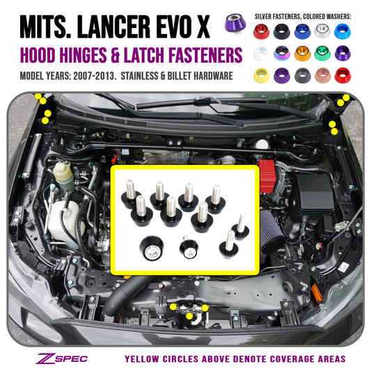 ZSPEC Hood Hinges & Latch Fastener Kit for 07-13 Mitsu Lancer EVO 10, Stainless & Billet - ZSD-196232-ZSD-196249-ZSD-196256-ZSD-196263-ZSD-196270-  DRIVEN - 1
