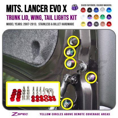 ZSPEC Trunk-Area Fastener Kit for '07-13 Mitsubishi Lancer EVO 10, Stainless & Billet - ZSD-196836-ZSD-196843-ZSD-196850-ZSD-196867-ZSD-196874-  DRIVEN - 1