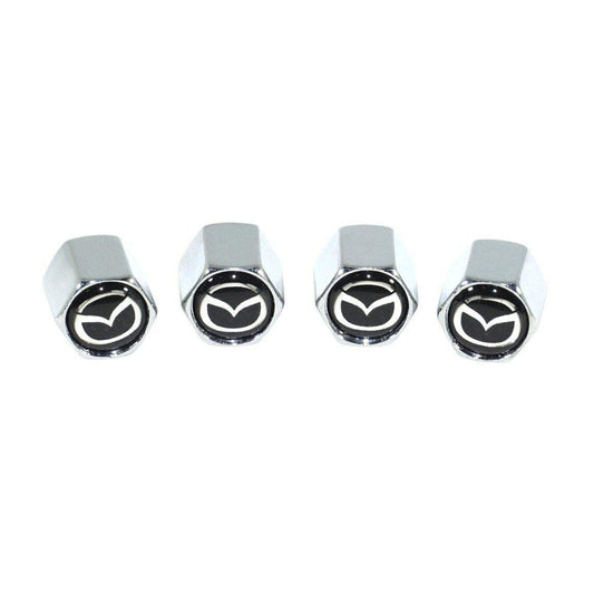 Chrome Valve Stem Tire Caps, Style: MAZDA on Black Background - ZSD-005411-  DRIVEN - 1