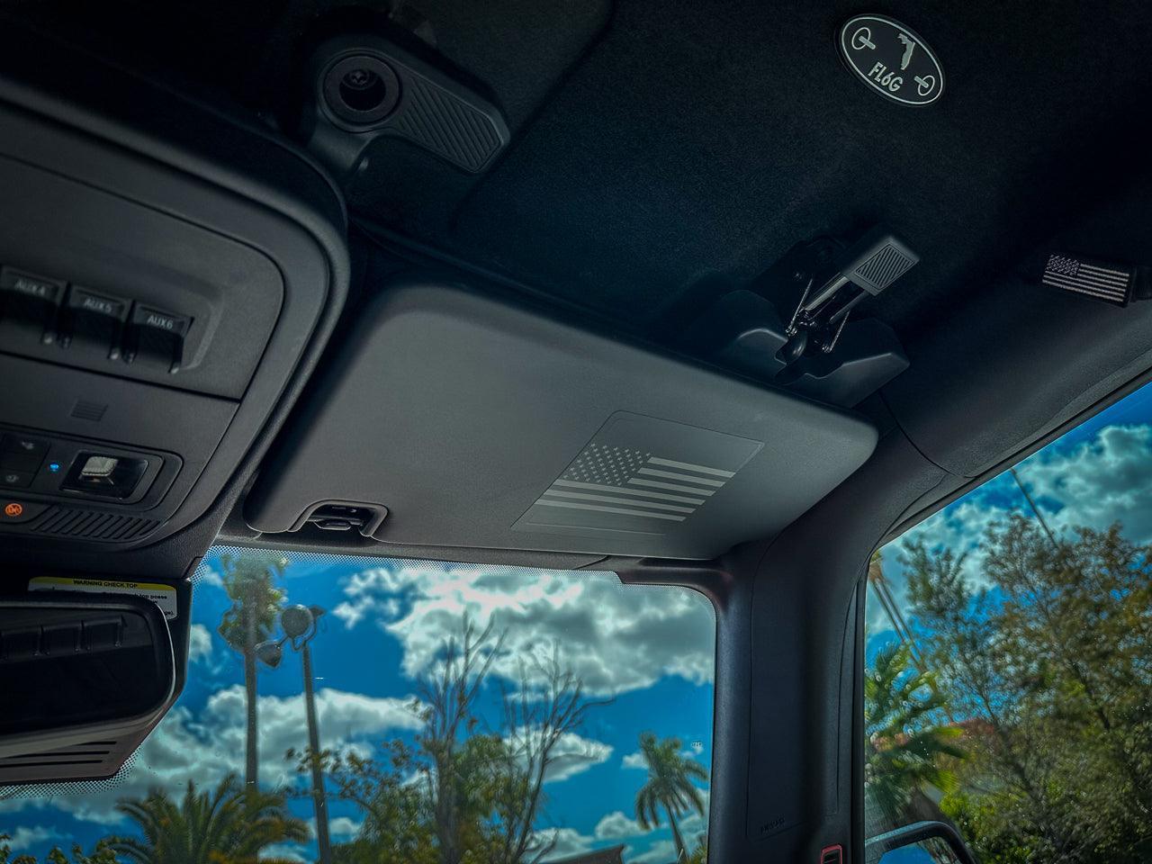 Flag Sun Visor Warning Overlays - 2021+ Bronco / 2024+ Ranger Raptor - 21BRONCOSUNVFL-CG-21BRONCOSUNVFL-DAF-21BRONCOSUNVFL-DTBL-21BRONCOSUNVFL-DTRL-21BRONCOSUNVFL-TBL-  DRIVEN - 5