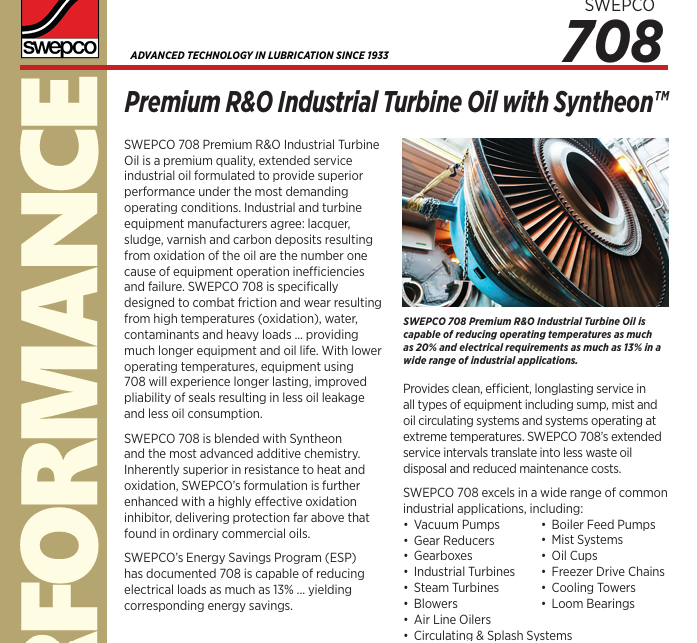 SWEPCO | 708 Premium R&O Industrial Turbine Oil | USDA/NSF H2 Lubricant - 708-10I32-BIN-708-10I32-C5B-708-10I32-DRM-708-10I32-PAL-708-15I46-C5B-  DRIVEN - 4