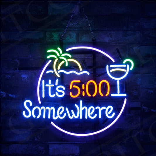 It's 5 o'clock Somewhere Palm Tree Sun Sea Neon Signs - ME395-  DRIVEN - 1