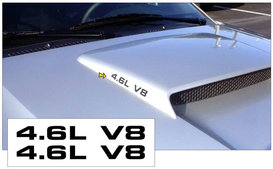1999-04 Mustang GT Hood Scoop Decal Set - 4.6L V8  Designation - N524-46L-S2-BK-1-N524-46L-S2-BK-2-  DRIVEN - 1