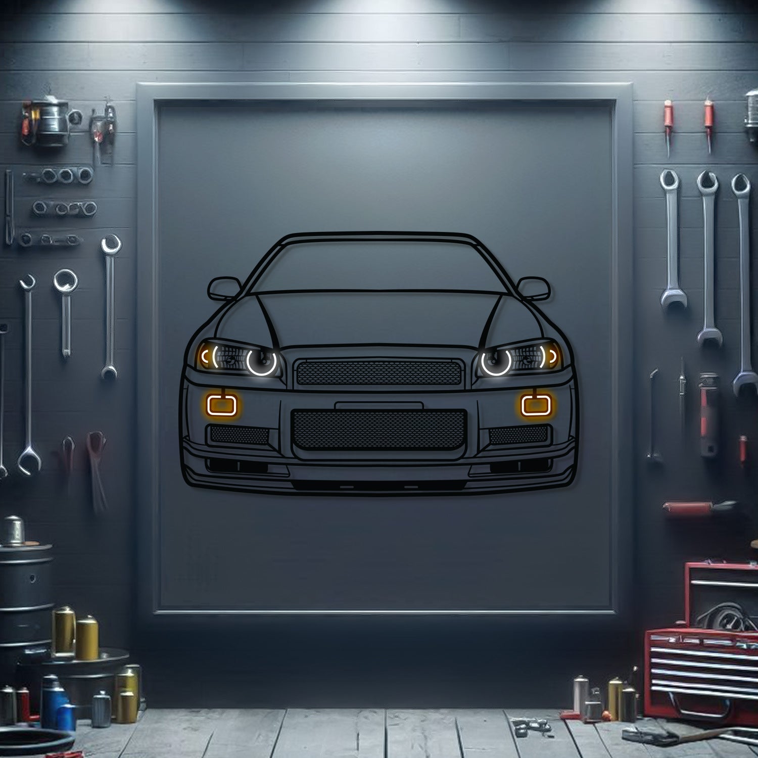 GT-R R34 Front View Metal Neon Car Wall Art - MTN0092 - MTN0092W99-MTN0092W115-MTN0092W140-  DRIVEN - 1