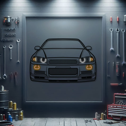 GT-R R34 Front View Metal Neon Car Wall Art - MTN0092 - MTN0092W99-MTN0092W115-MTN0092W140-  DRIVEN - 1
