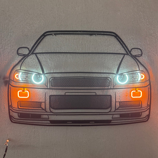 GT-R R34 Front View Metal Neon Car Wall Art - MTN0092 - MTN0092W99-MTN0092W115-MTN0092W140-  DRIVEN - 2