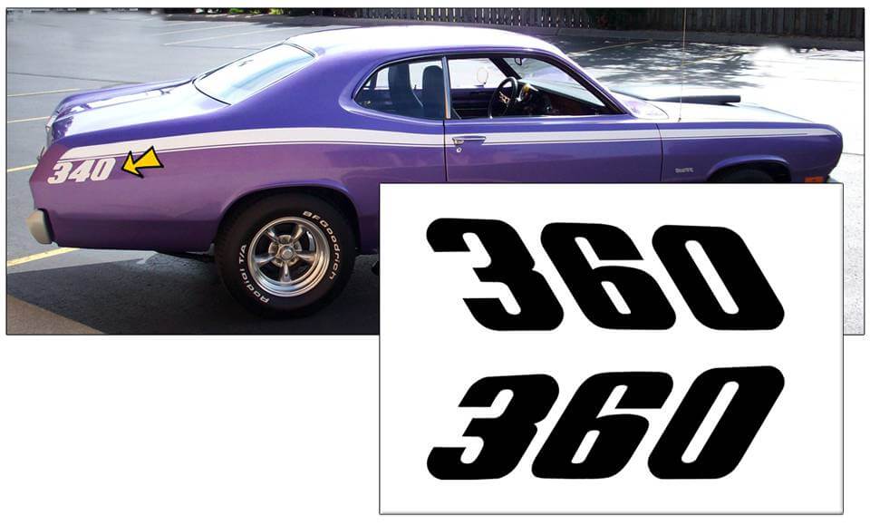 1971-74 Plymouth Duster Quarter Panel Decal Set - 360 Numeral - QG-CPDU-7174-422-BK-1-QG-CPDU-7174-422-BK-2-  DRIVEN - 1