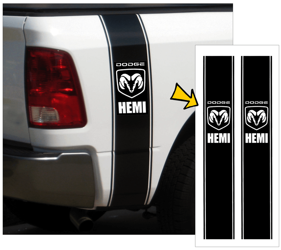 Dodge Dakota Truck Vertical Bed Stripe Decal Kit - DODGE - Ram Head - HEMI - 8.5" x 50" - QG-DT-644-BK-1-QG-DT-644-BK-2-  DRIVEN - 1