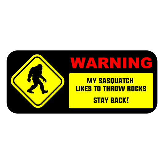 Sasquatch Throws Rocks 3&quot; x 7&quot; Bumper Sticker - Universal - sasrocks37-  DRIVEN - 1