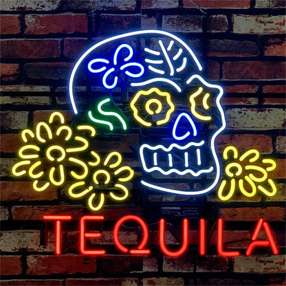 Tequila Lager Skull Bone with Flower Neon Signs Light - ME211-  DRIVEN - 1