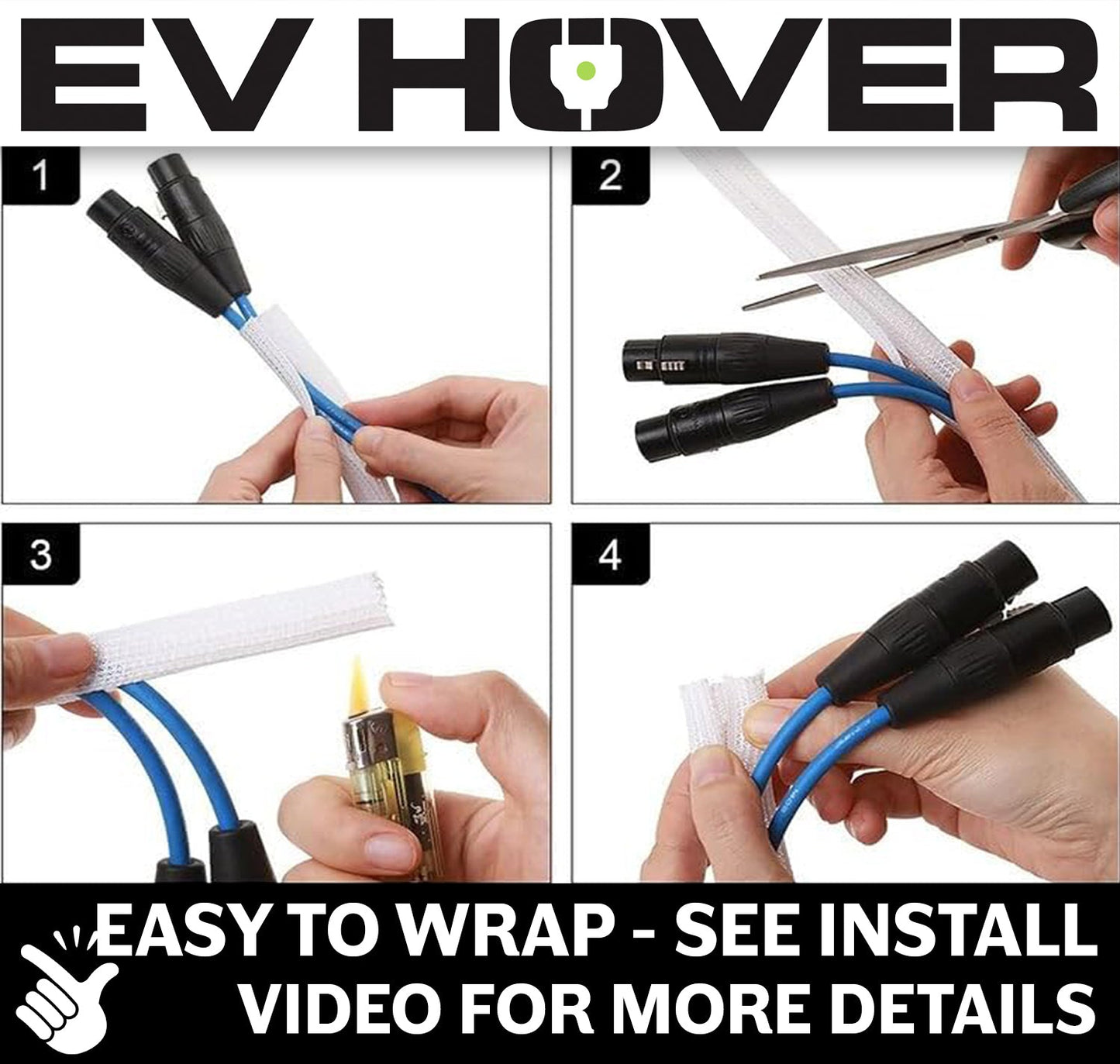 White Braided EV Charging Cable Wrap Sleeve, Self-Wrapping - EVH-CBLWRP-236in-WHT-EVH-CBLWRP-394in-WHT-  DRIVEN - 4