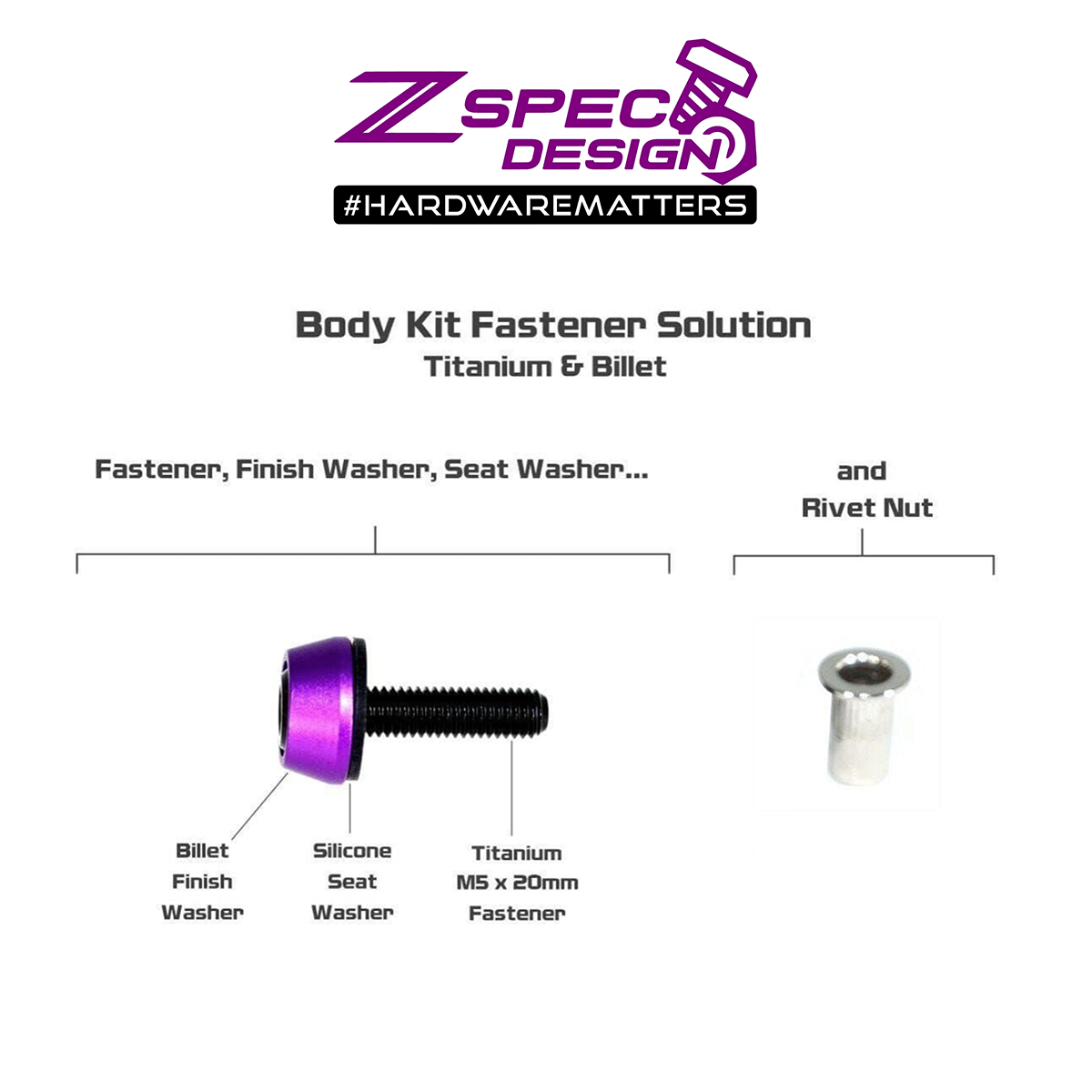 ZSPEC Body Kit Fastener, M5x20mm Titanium & Billet w/RIVET NUT, Per Each - ZSD-197406-ZSD-197413-ZSD-197420-ZSD-197437-ZSD-197444-  DRIVEN - 4