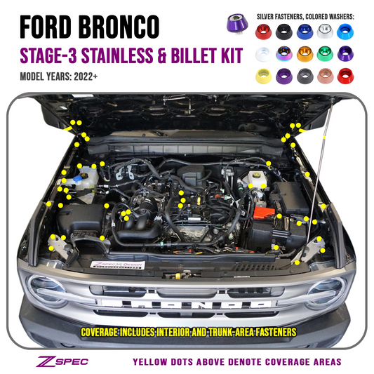 ZSPEC Stage-3 Dress Up Bolts® Fastener Kit for '21+ Ford Bronco 2.7L, Stainless-Billet - ZSD-196980-ZSD-196997-ZSD-197000-ZSD-197017-ZSD-197024-  DRIVEN - 1