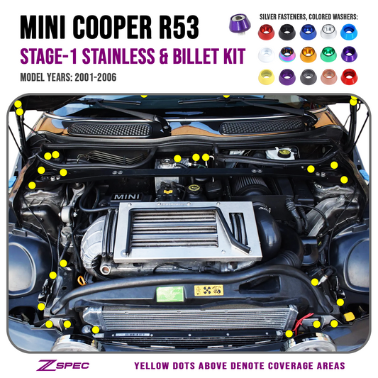 ZSPEC Stage-1 Dress Up Bolts® Fastener Kit for '01-06 R53 Mini Cooper & S, Stainless & Billet - ZSD-583407-ZSD-583414-ZSD-583421-ZSD-583438-ZSD-583445-  DRIVEN - 1