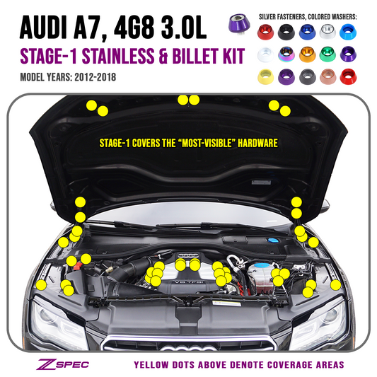 ZSPEC Stage-1 Dress Up Bolts® Fastener Kit for '12-18 Audi A7 4G8 3.0L, Stainless & Billet - ZSD-010910-ZSD-010927-ZSD-010934-ZSD-010941-ZSD-010958-  DRIVEN - 1