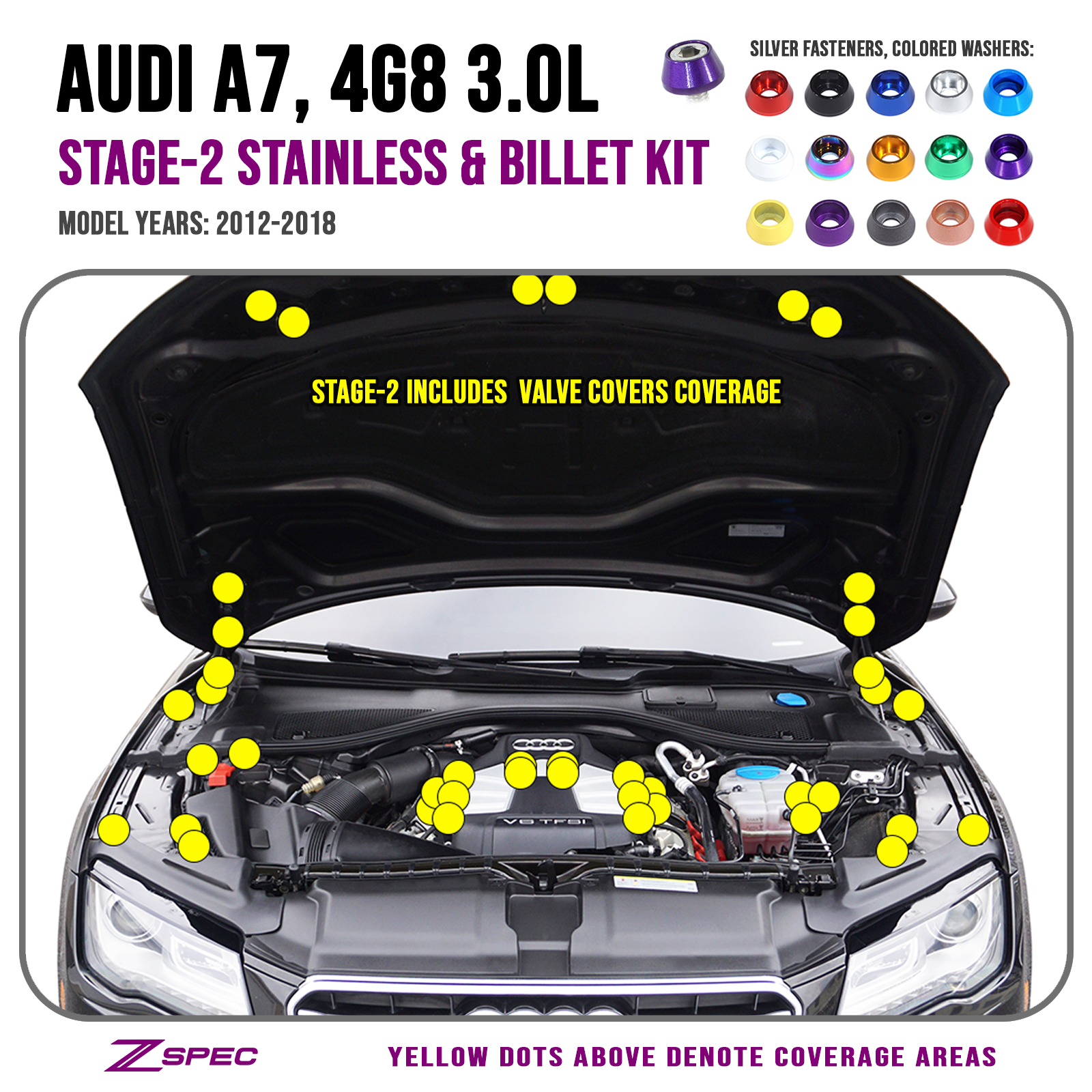 ZSPEC Stage-2 Dress Up Bolts® Fastener Kit for '12-18 Audi A7 4G8 3.0L, Stainless & Billet - ZSD-010767-ZSD-010774-ZSD-010781-ZSD-010798-ZSD-010804-  DRIVEN - 1