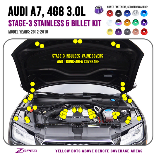 ZSPEC Stage-3 Dress Up Bolts® Fastener Kit for '12-18 Audi A7 4G8 3.0L, Stainless & Billet - ZSD-010613-ZSD-010620-ZSD-010637-ZSD-010644-ZSD-010651-  DRIVEN - 1
