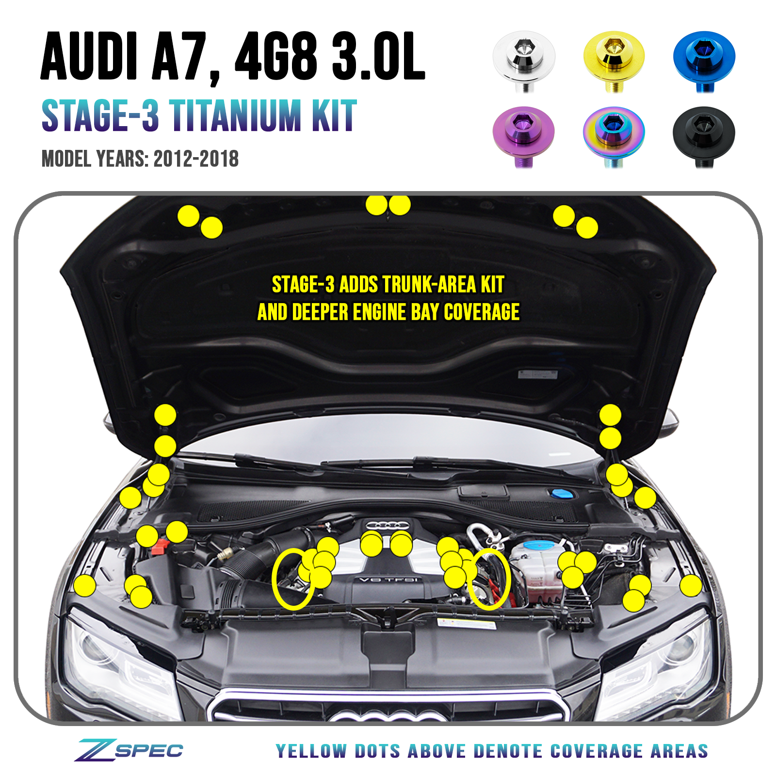 ZSPEC Stage-3 Dress Up Bolts® Fastener Kit for '12-18 Audi A7 4G8 3.0L, Titanium - ZSD-010491-ZSD-010507-ZSD-010514-ZSD-010521-ZSD-010538-  DRIVEN - 1