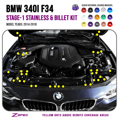ZSPEC Stage-1 Dress Up Bolts® Fastener Kit for '14-18 BMW 340i F34 3.0T, Stainless & Billet - ZSD-581472-ZSD-581489-ZSD-581496-ZSD-581502-ZSD-581519-  DRIVEN - 1
