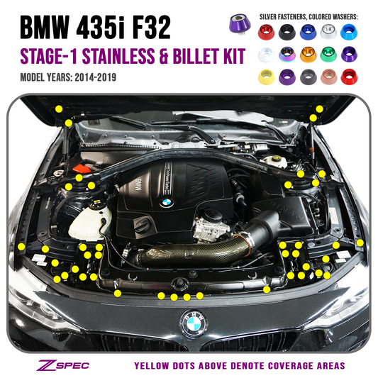 ZSPEC Stage-1 Dress Up Bolts® Fastener Kit for '14-19 BMW 435i F32 3.0T, Stainless & Billet - ZSD-200243-ZSD-200250-ZSD-200267-ZSD-200274-ZSD-200281-  DRIVEN - 1