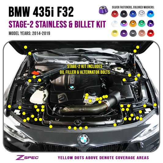 ZSPEC Stage-2 Dress Up Bolts® Fastener Kit for '14-19 BMW 435i F32 3.0T, Stainless & Billet - ZSD-200090-ZSD-200106-ZSD-200113-ZSD-200120-ZSD-200137-  DRIVEN - 1