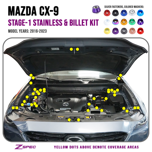 ZSPEC Stage-1 Dress Up Bolts® Fastener Kit for '16-23 Mazda CX-9, Stainless & Billet - ZSD-008061-ZSD-008078-ZSD-008085-ZSD-008092-ZSD-008108-  DRIVEN - 1