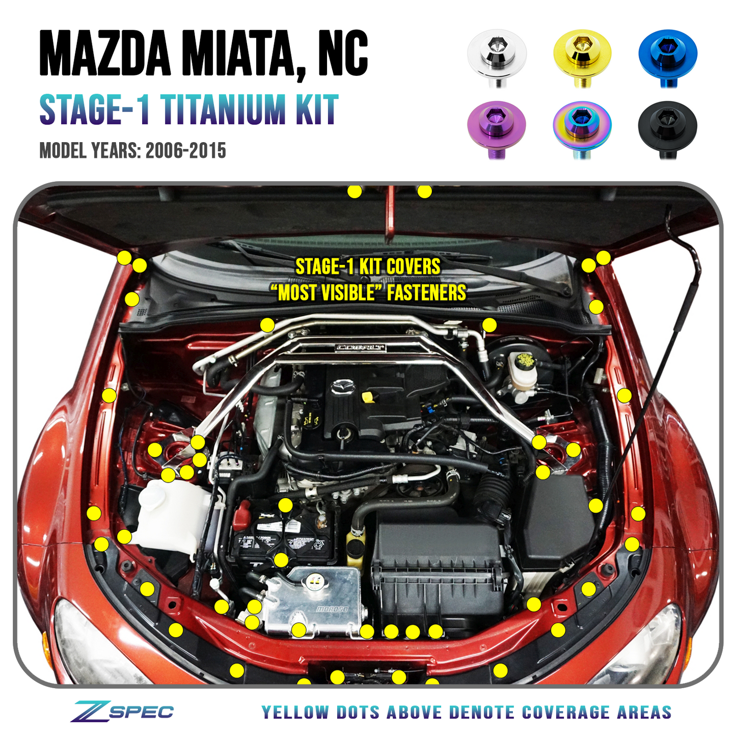 ZSPEC Stage-1 Dress Up Bolts® Fastener Kit for Mazda Miata NC, Titanium Hardware - ZSD-764820-ZSD-764837-ZSD-764844-ZSD-764851-ZSD-764868-  DRIVEN - 1