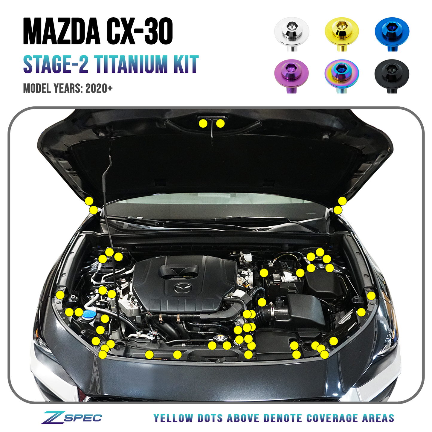 ZSPEC Stage-2 Dress Up Bolts® Fastener Kit for the '20-24 Mazda CX-30, Titanium - ZSD-188145-ZSD-188152-ZSD-188169-ZSD-188176-ZSD-188183-  DRIVEN - 1