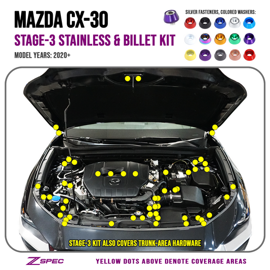 ZSPEC Stage-3 Dress Up Bolts® Fastener Kit for 2020-2024 Mazda CX-30, Stainless & Billet - ZSD-188381-ZSD-188398-ZSD-188404-ZSD-188411-ZSD-188428-  DRIVEN - 1