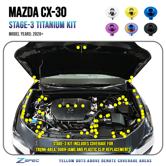 ZSPEC Stage-3 Dress Up Bolts® Fastener Kit for the '20-24 Mazda CX-30, Titanium - ZSD-188084-ZSD-188091-ZSD-188107-ZSD-188114-ZSD-188121-  DRIVEN - 1