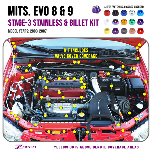 ZSPEC Stage-3 Dress Up Bolts® Fastener Kit for Mitsubishi EVO 8 & 9, Stainless & Billet - ZSD-202551-ZSD-202568-ZSD-202575-ZSD-202582-ZSD-202599-  DRIVEN - 1