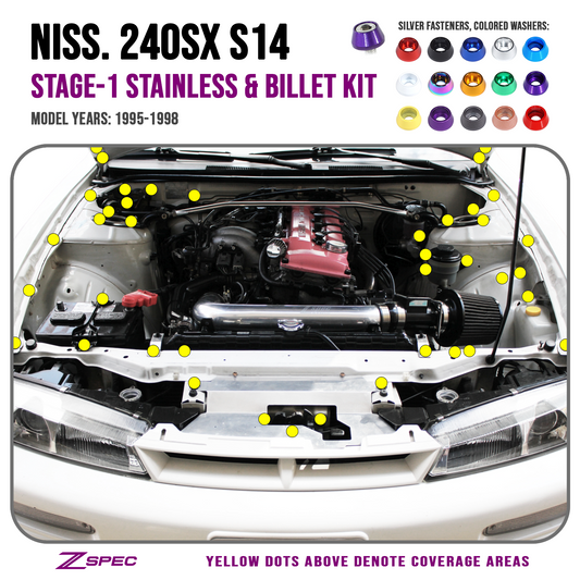 ZSPEC Stage-1 Dress Up Bolts® Fastener Kit for '95-98 Nissan 240SX S14, Stainless & Billet - ZSD-582790-ZSD-582806-ZSD-582813-ZSD-582820-ZSD-582837-  DRIVEN - 1