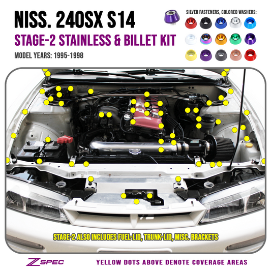 ZSPEC Stage-2 Dress Up Bolts® Fastener Kit for '95-98 Nissan 240SX S14, Stainless & Billet - ZSD-582646-ZSD-582653-ZSD-582660-ZSD-582677-ZSD-582684-  DRIVEN - 1