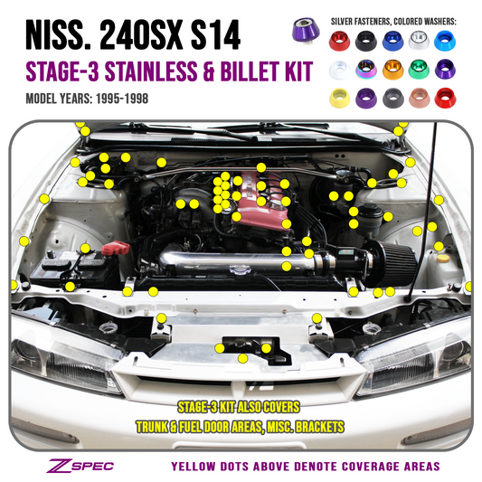 ZSPEC Stage-3 Dress Up Bolts® Fastener Kit for '95-98 Nissan 240SX S14, Stainless & Billet - ZSD-755002-ZSD-755019-ZSD-755026-ZSD-755033-ZSD-755040-  DRIVEN - 1