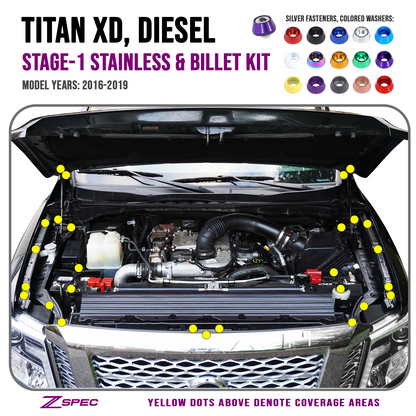 ZSPEC Stage-1 Dress Up Bolts® Fastener Kit for 16-19 Nissan Titan XD, Stainless & Billet - ZSD-582134-ZSD-582141-ZSD-582158-ZSD-582165-ZSD-582172-  DRIVEN - 1