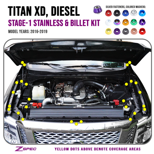 ZSPEC Stage-1 Dress Up Bolts® Fastener Kit for 16-19 Nissan Titan XD, Stainless & Billet - ZSD-582134-ZSD-582141-ZSD-582158-ZSD-582165-ZSD-582172-  DRIVEN - 1