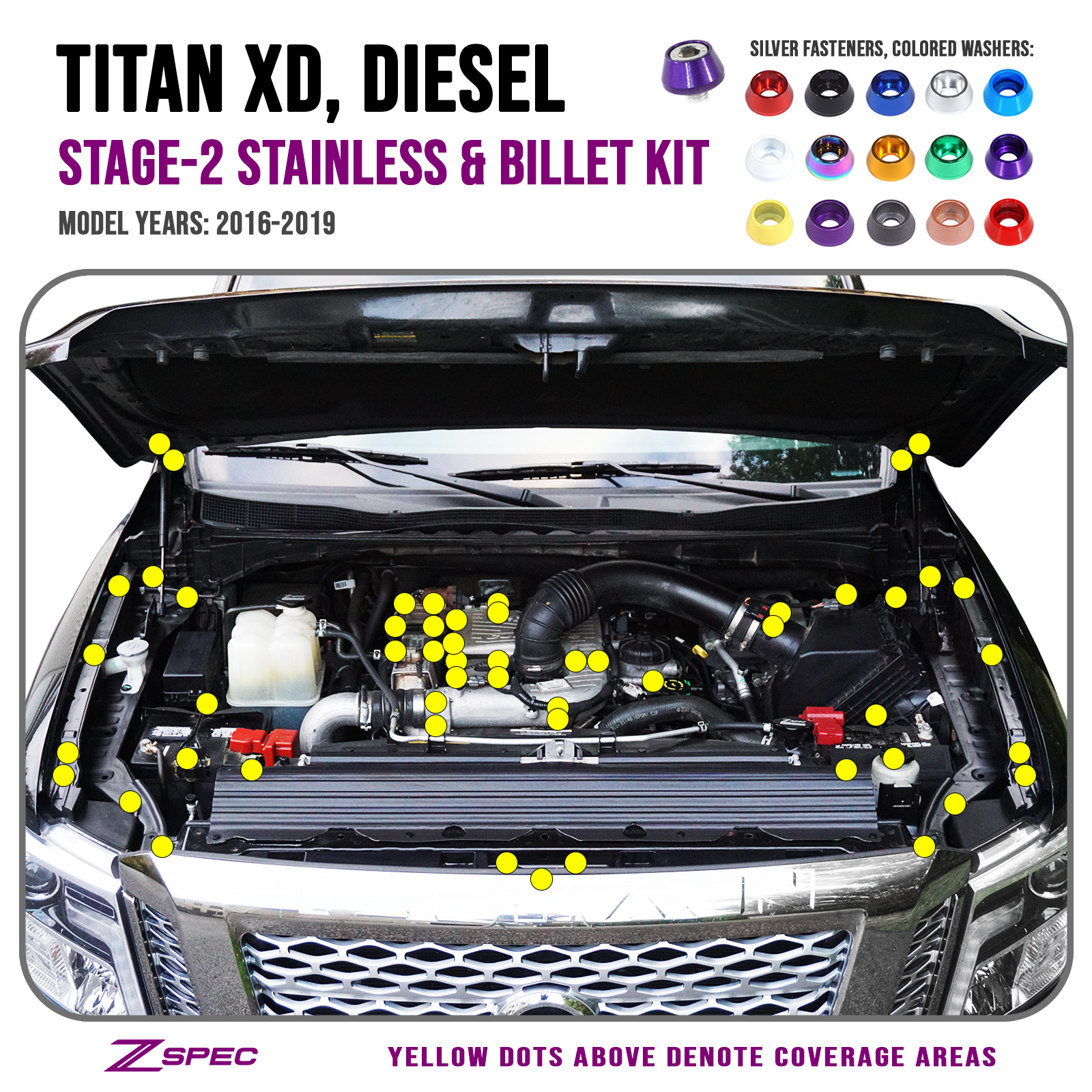 ZSPEC Stage-2 Dress Up Bolts® Fastener Kit for 16-19 Nissan Titan XD Diesel A61 Cummins, Stainless & Billet - ZSD-374661-ZSD-374678-ZSD-374685-ZSD-374692-ZSD-374708-  DRIVEN - 1