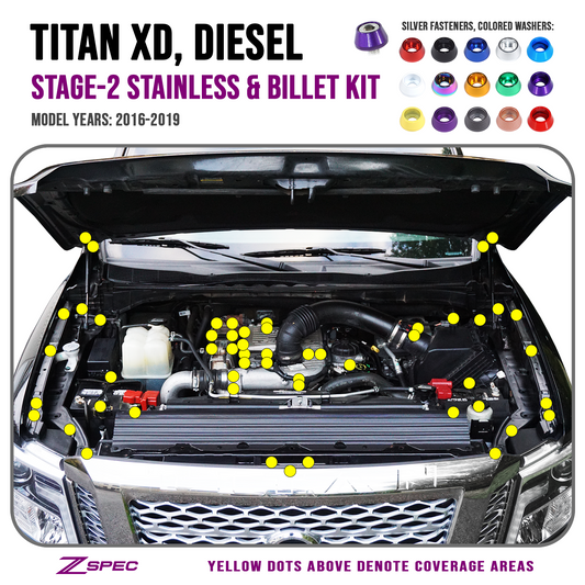 ZSPEC Stage-2 Dress Up Bolts® Fastener Kit for 16-19 Nissan Titan XD Diesel A61 Cummins, Stainless & Billet - ZSD-374661-ZSD-374678-ZSD-374685-ZSD-374692-ZSD-374708-  DRIVEN - 1