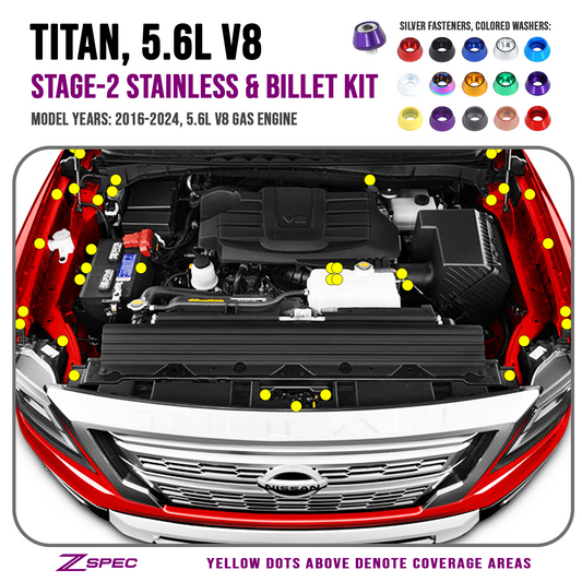 ZSPEC Stage-2 Dress Up Bolts® Fastener Kit for 16+ Nissan Titan 5.6L, Stainless & Billet - ZSD-584978-ZSD-584985-ZSD-584992-ZSD-585005-ZSD-585012-  DRIVEN - 1